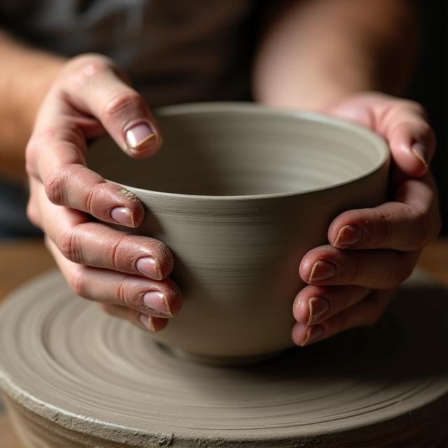 Close-up of artisan hands protecting a ceramic piece